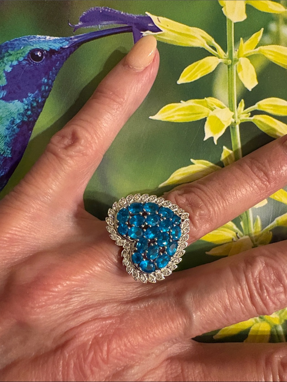 Size 6 Blue Neon Apatite Rhodium Over Sterling Cluster Heart Ring